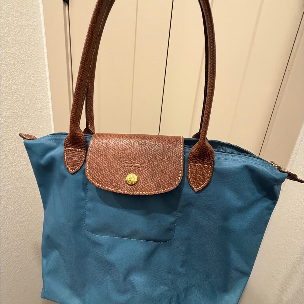 Longchamp Teal Tote with Brown Leather Trim